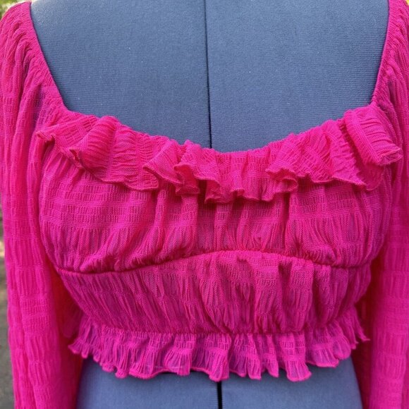 Frilly Romantic Fuchsia Crop Top Women Small Bishop Sleeve Textured Off Shoulder - Picture 5 of 16